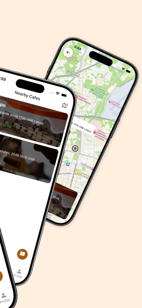 Café Expo - Mobile app interface for Café Expo showing a map and list of nearby coffee shop locations