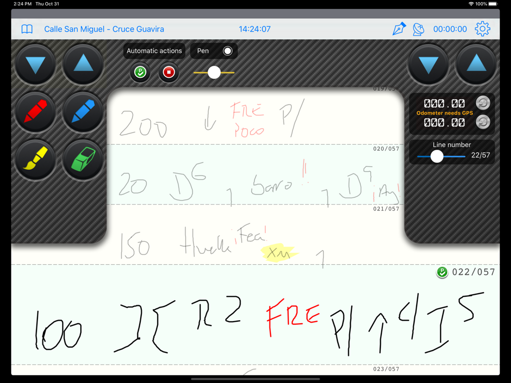 iNotebook pro by iCodriver - Digital rally pace notes with handwritten symbols and navigation controls on iPad