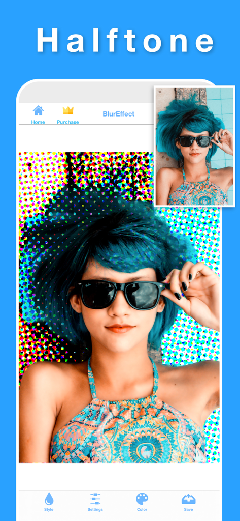 Blur Video & Photo BlurEffect - A smartphone interface showing a colorful halftone creative filter applied to a portrait of a woman with blue hair using the BlurEffect app.