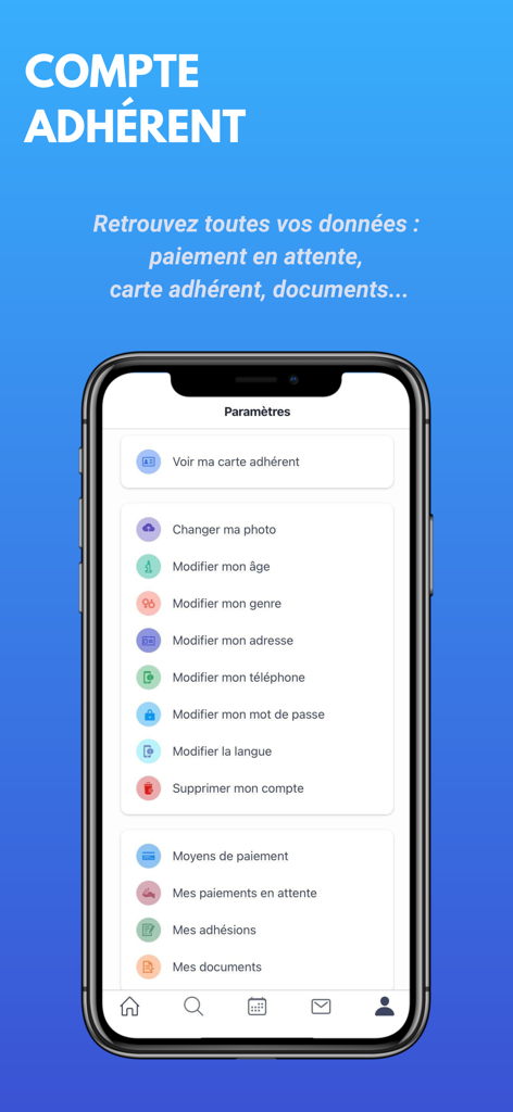 MonClub App - Interface of the MonClub App showing the member account settings page with options to edit profile information, manage payments, and view documents.