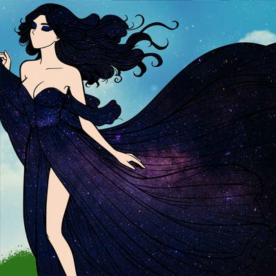 realistic woman in dress flowing the the wind