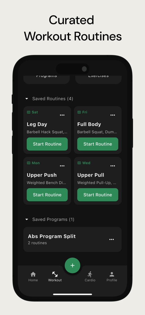 HealthMeter - Pantalla de la aplicación móvil HealthMeter que muestra rutinas de entrenamiento seleccionadas como Día de Piernas y Cuerpo Completo con botones de inicio.