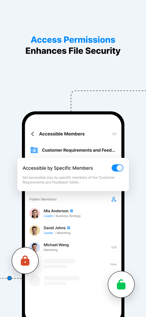 Interface móvel do LINE WORKS Drive mostrando permissões de acesso a pastas e gerenciamento de membros para segurança de arquivos aprimorada.