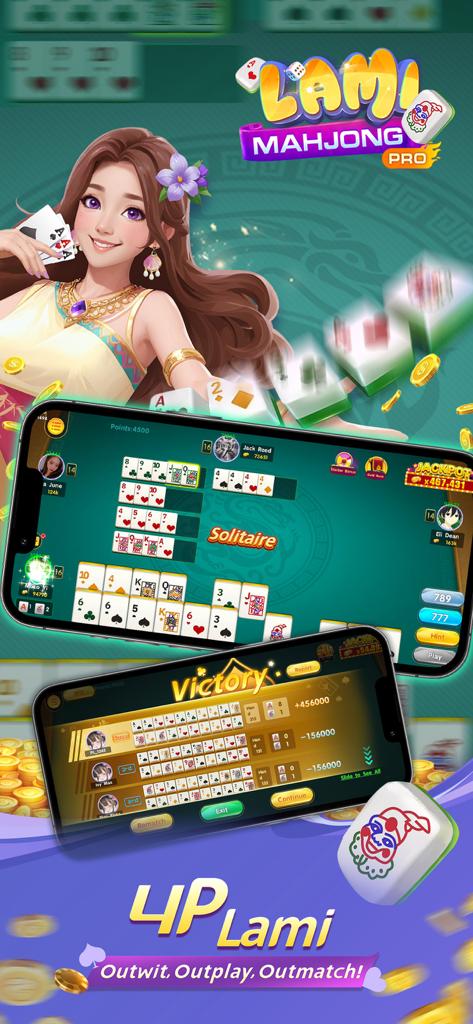Lami Mahjong Pro mobile app screenshot showing 4P Lami gameplay interface and a victory screen with an elegant female character