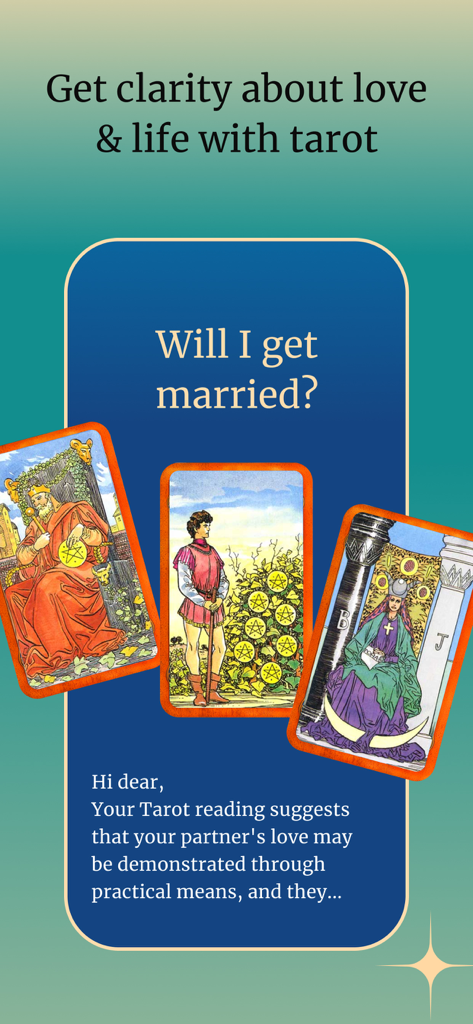Ursula Tarot: Daily Horoscope - Ursula Tarot app interface showing a love reading for the question Will I get married