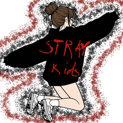 realistic girl jumping with a bun and oversized sweatshirt