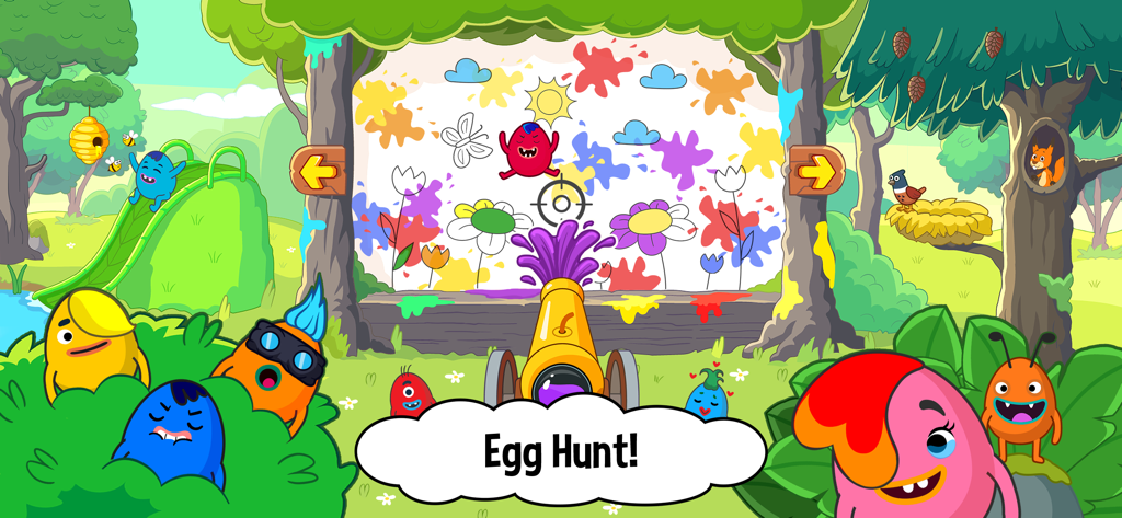 Personajes de dibujos animados coloridos usando un cañón de pintura para decorar un lienzo en un entorno de bosque con el texto Egg Hunt.