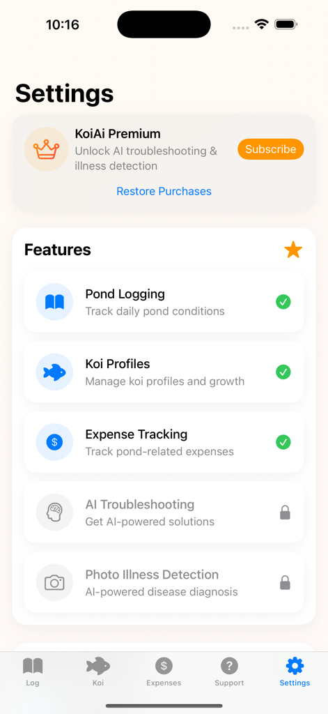 KoiAi - KoiAi app settings screen displaying free features like pond logging and premium AI troubleshooting options.