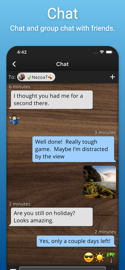 SocialChess app chat interface showing a message conversation between players over a wood background.