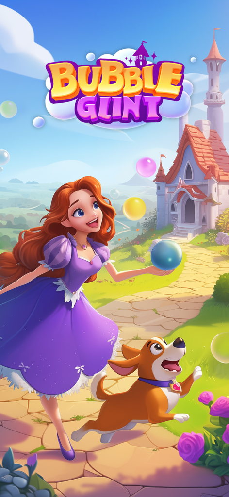 Bubble Glint game art featuring a girl dog and fairy tale castle