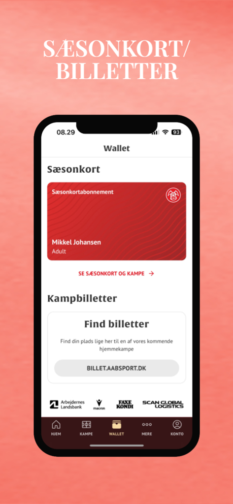 Digital wallet in the AaB app showing a season card and match tickets