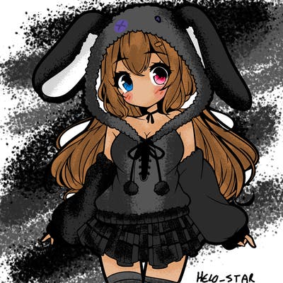 pretty anime girl wearing a fluffy hoodie with bunny ears on the hood and a skirt