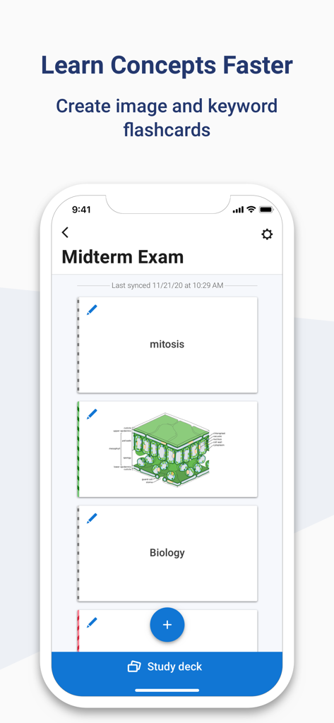 Yuzu eReader - Yuzu eReader app interface showing keyword and image flashcards for a biology midterm exam