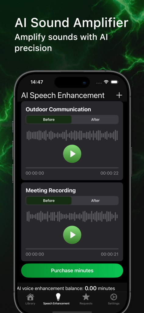 Captura de pantalla de la aplicación Volume Booster que muestra funciones de mejora de voz por IA para comunicación en exteriores y grabaciones de reuniones.