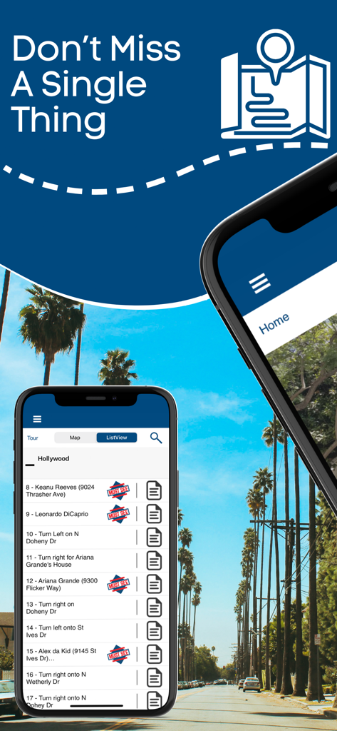 Hollywood & Star Homes Tour - Mobile app interface showing a list of celebrity homes and driving directions in Hollywood