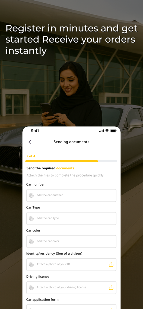 Registrierungsbildschirm für die Jad Driver App mit einem Formular zum Hochladen von Fahrzeugdetails, Ausweis und Führerscheindokumenten