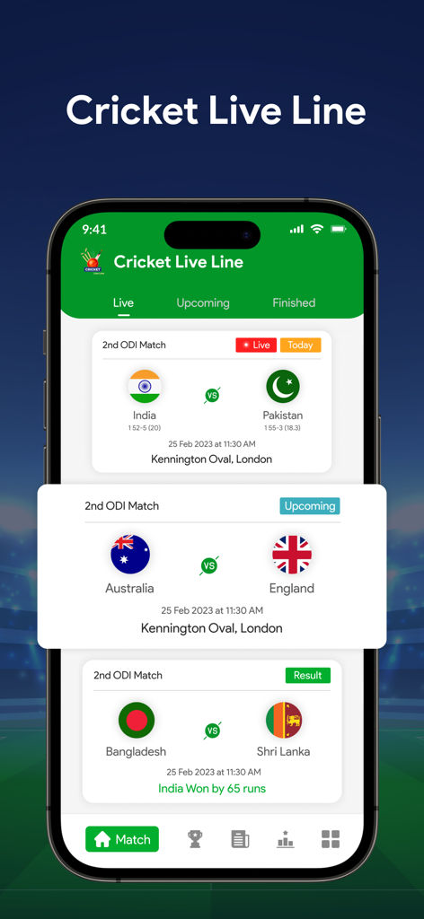 Live Cricket Score : Live Line - Smartphone displaying a cricket app with live match scores and upcoming schedules