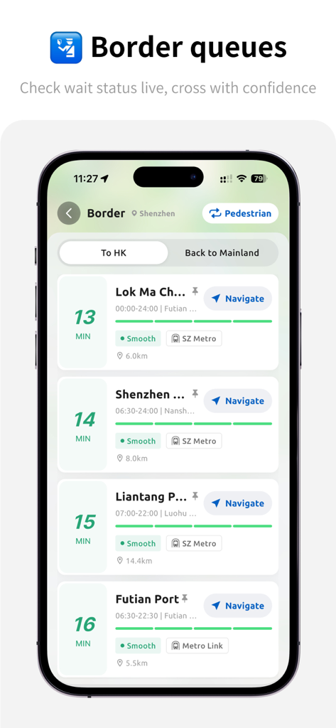 HK Transit & Customs - ZoiHK - Interfaccia dell'app ZoiHK che mostra i tempi di attesa in tempo reale ai passaggi di frontiera tra Hong Kong e Shenzhen
