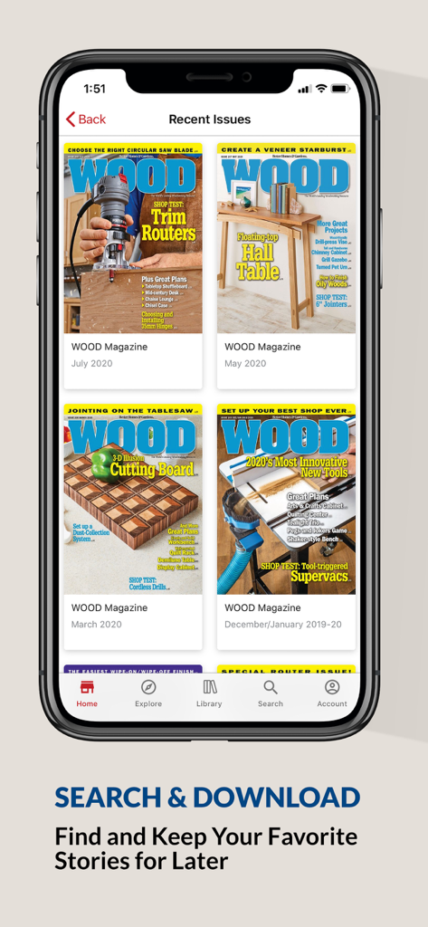 Wood Magazine app displaying a gallery of recent magazine issues for digital download