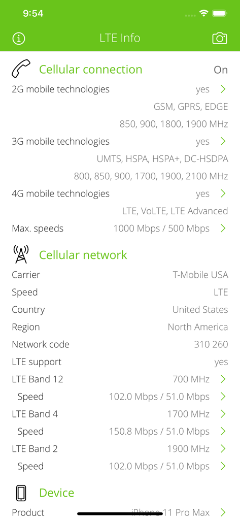 LTE Infoアプリのインターフェース。iPhone上のT-Mobile USAの詳細なセルラーネットワーク情報とLTE周波数バンドを表示しています。