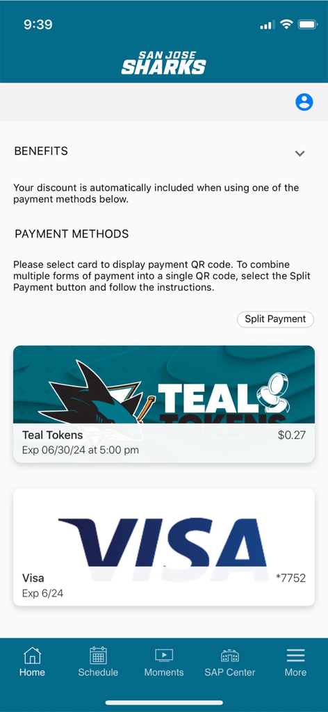 San Jose Sharks + SAP Center - Digital wallet screen in the San Jose Sharks app showing Teal Tokens and a Visa card for payments.