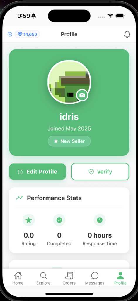 BebasWork - Pantalla de perfil de la aplicación BebasWork mostrando estadísticas de rendimiento del freelancer y estado de vendedor