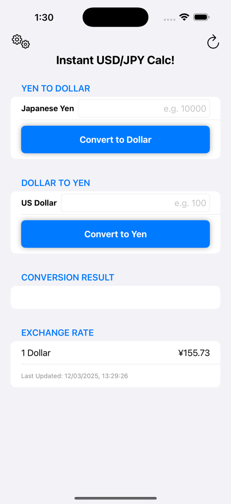 Instant USD/JPY Calc! - Main interface of the Instant USD/JPY Calc app showing bidirectional currency conversion fields and real-time exchange rate information.