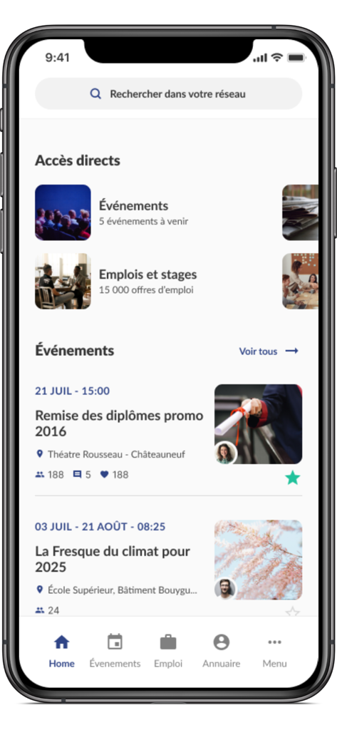 Dauphine Alumni - Home screen of the Dauphine Alumni app featuring a network search bar, direct access to events and job offers, and a list of upcoming alumni events.