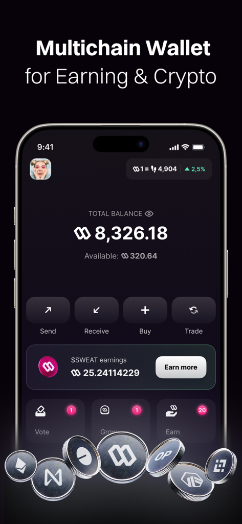 Main interface of the Sweat Wallet app showing total crypto balance and options to send receive buy and trade