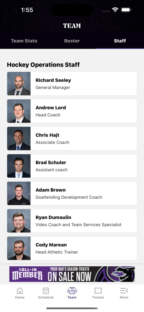 Ontario Reign - Ontario Reign mobile app screen showing the hockey operations staff including general manager and coaches