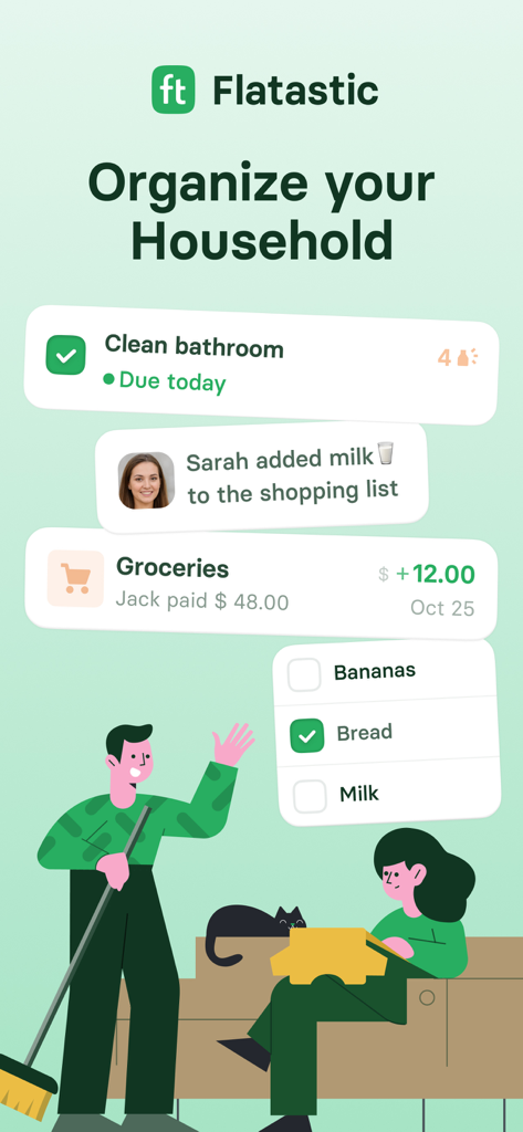 Flatastic: Households Manager - Flatastic app interface showing shared chores grocery lists and expense tracking for roommates and families