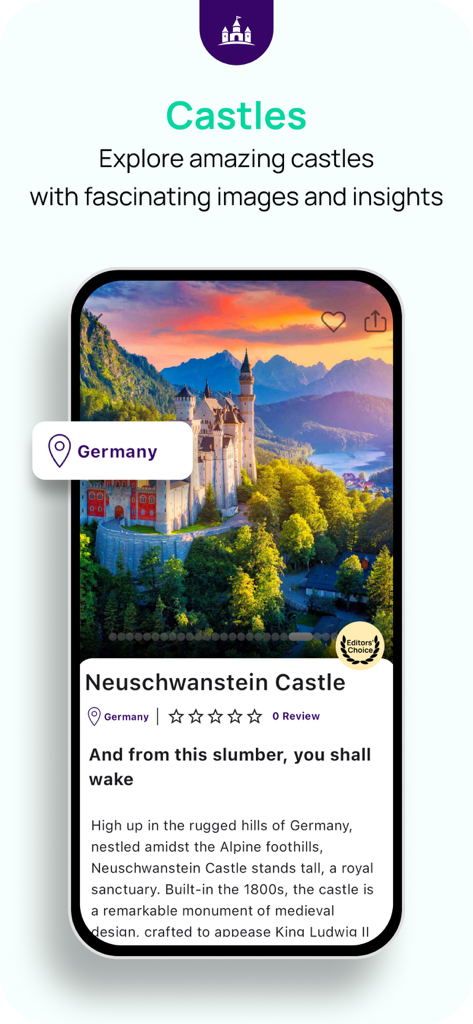 Castle.Tips-beautiful Castles! - Mobile app interface showing Neuschwanstein Castle in Germany with historical details and travel tips.