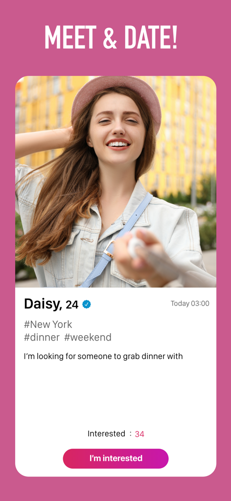 SweetRing Dating App - SweetRing dating app user profile showing a dinner date post in New York