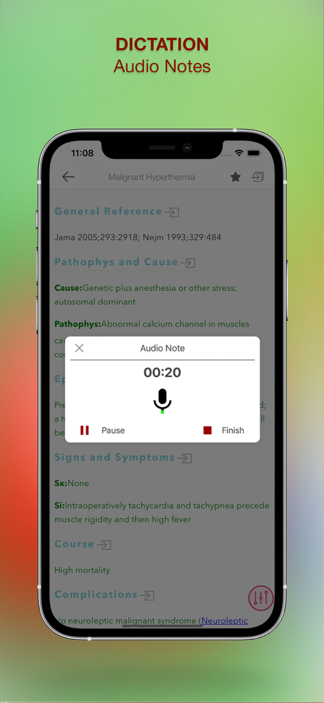 Nursing Essentials app interface displaying the audio notes and dictation recording feature