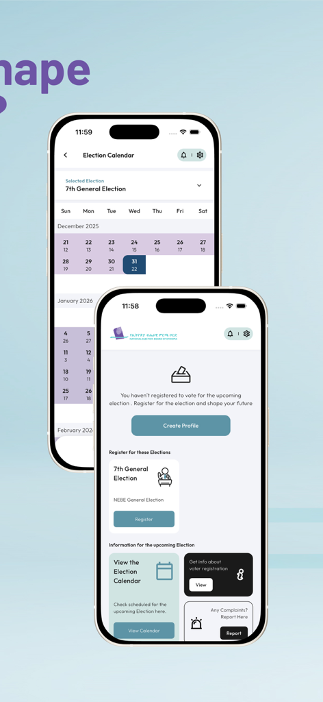Mirchaye app screenshots showing the election calendar and voter registration dashboard
