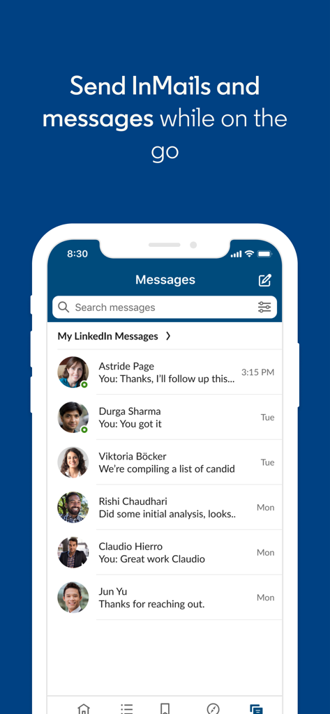 LinkedIn Sales Navigator app messaging screen with professional contact list.