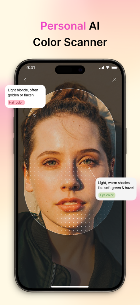 Dressly: AI Outfit Stylist - Escáner de color IA personal de la aplicación Dressly analizando el color del cabello y los ojos