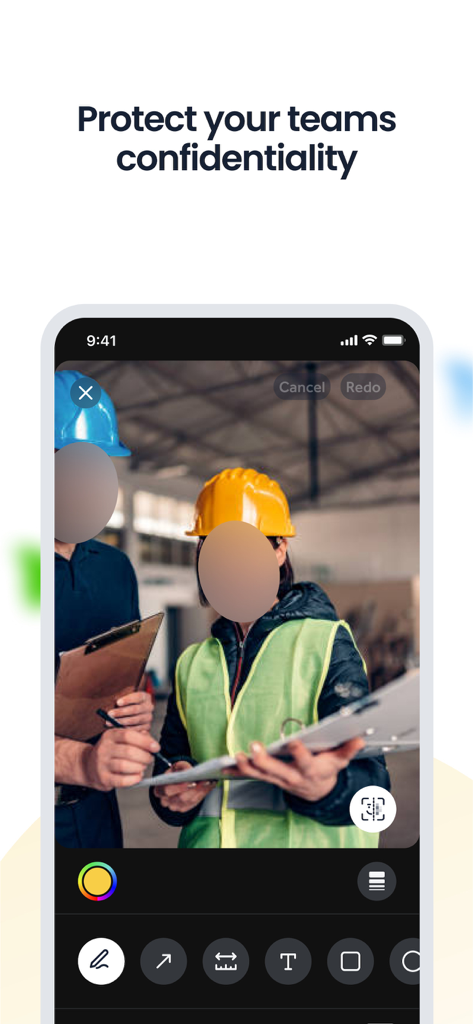 Finalcad One app interface showing how to blur faces on construction site photos for team confidentiality