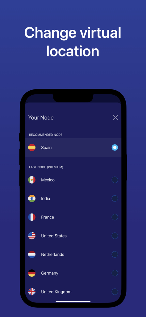 Interfaz que muestra una lista de ubicaciones de servidores globales para cambiar la dirección IP virtual en la aplicación Super VPN Master.