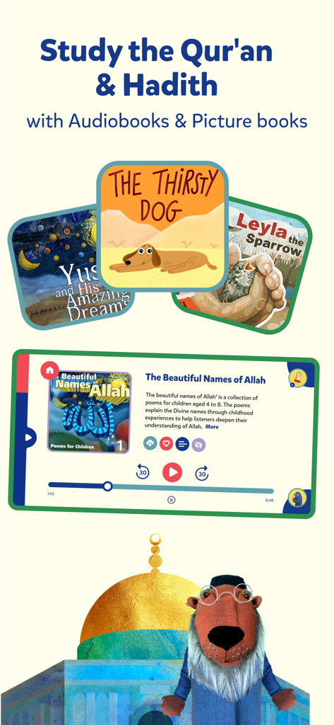 Miraj: Quran for Kids & Games - Interfaz de la aplicación Miraj con audiolibros islámicos y libros ilustrados para niños