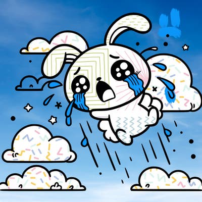 a  cute crying bunny falling out of the sky