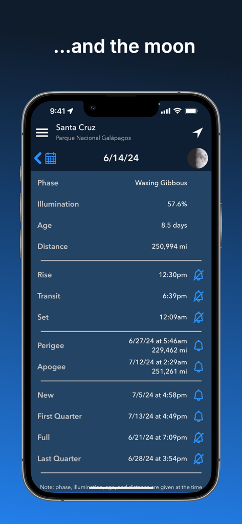 Lumos: Sun and Moon Tracker - Une capture d'écran de l'application Lumos affichant des données lunaires détaillées, y compris la phase lunaire, l'illumination, les heures de lever et de coucher, et les événements lunaires à venir.