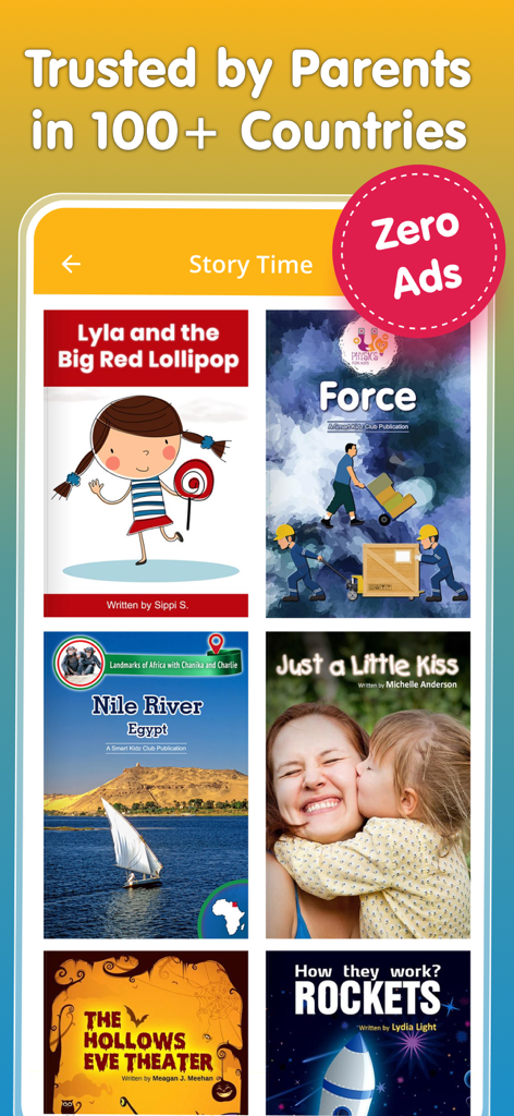 A digital library interface for children showing various educational book covers including science and geography titles with a zero ads badge