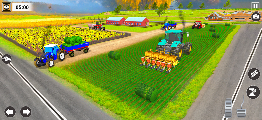 Vista aérea de varios tractores y equipos agrícolas trabajando en un campo dentro del juego simulador de cosecha de granjas.