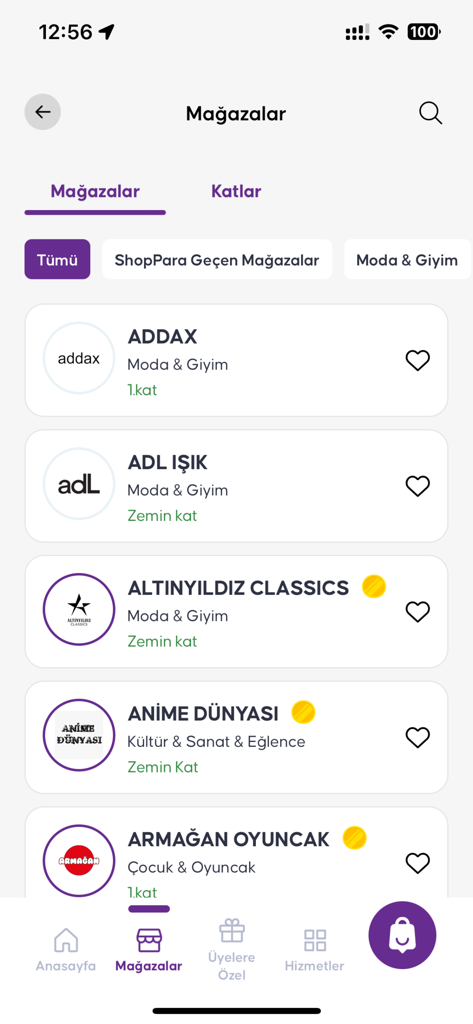 Screenshot of the Shopla app showing a directory of stores in a shopping mall