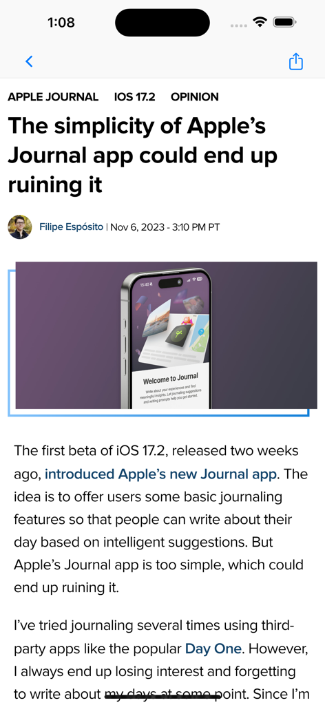 Un artículo de noticias en la aplicación 9to5Mac sobre la aplicación Journal de Apple en iPhone.