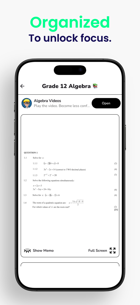 Grade 10,11,12 Mathematics App - Un teléfono inteligente que muestra problemas de práctica de álgebra de Grado 12 y opciones de tutoriales en video dentro de una aplicación educativa de matemáticas.