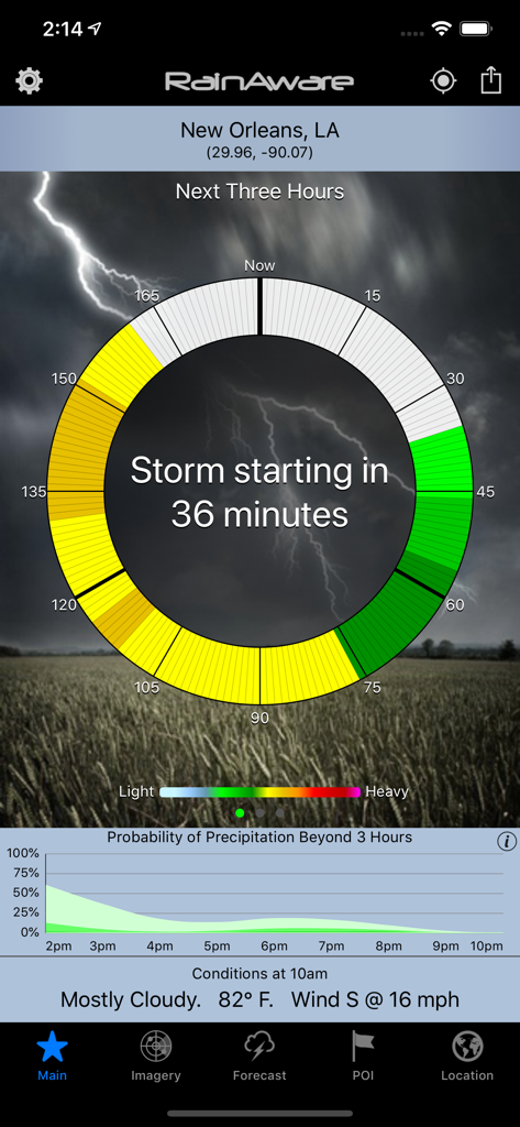 RainAware Weather Timer - RainAware weather app showing a countdown timer for an approaching storm