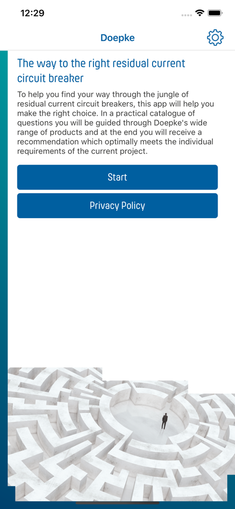 Pantalla de bienvenida de la guía de selección de la aplicación Doepke para interruptores diferenciales con un botón de inicio y un gráfico de laberinto.