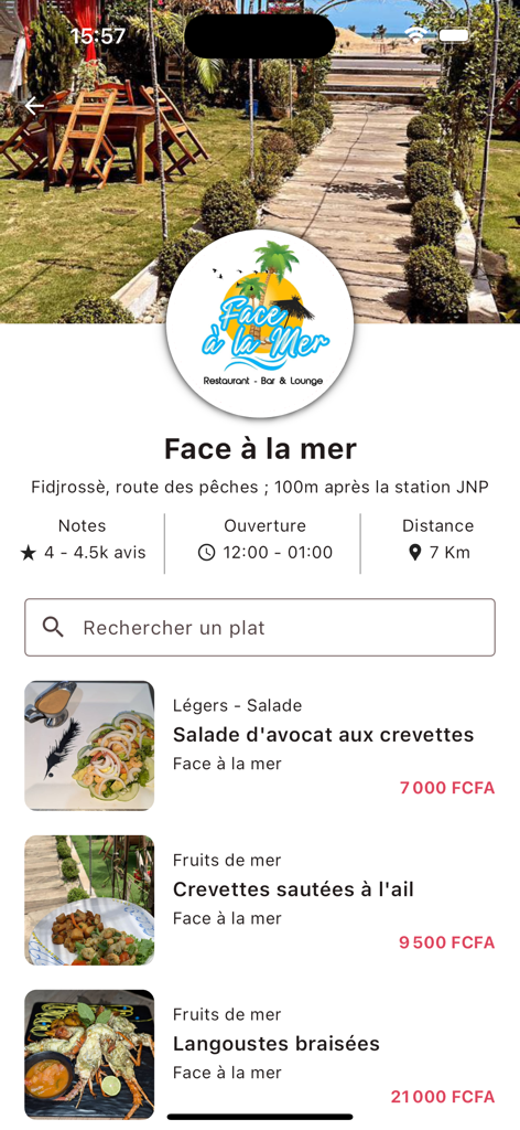 MAC Eats - Interface do aplicativo MAC Eats mostrando o menu de frutos do mar do restaurante Face a la mer, incluindo pratos de camarão e lagosta